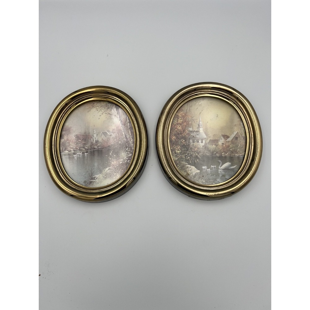 VTG Set of 2 Homco Gold Plastic Oval Picture Frames Swan Church Cottagecore